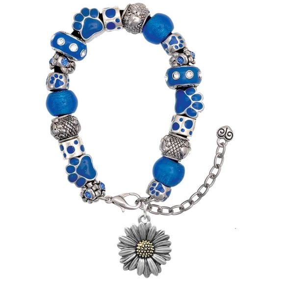 Delight Jewelry Two-tone Large Daisy Flower Blue Paw Print Bead Bracelet, 7"+2"