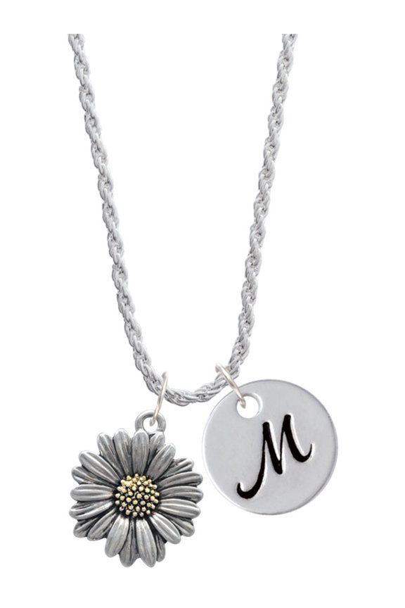 Two-tone Large Daisy Flower Silvertone Script Initial Disc - M - Charm Necklace, 20"+3"