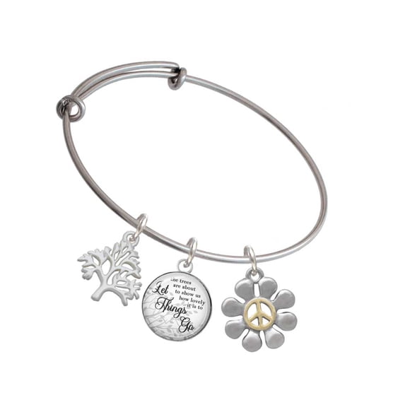 Delight Jewelry Two-tone Large Daisy with Peace Sign Silvertone Let Things Go Tree Charm Bangle Bracelet