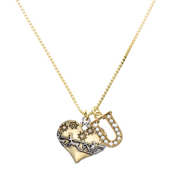 Delight Jewelry Two-tone Large Flying Santa on Heart - Large Goldtone Crystal Initial - U - Charm Necklace, 17.5"+2"