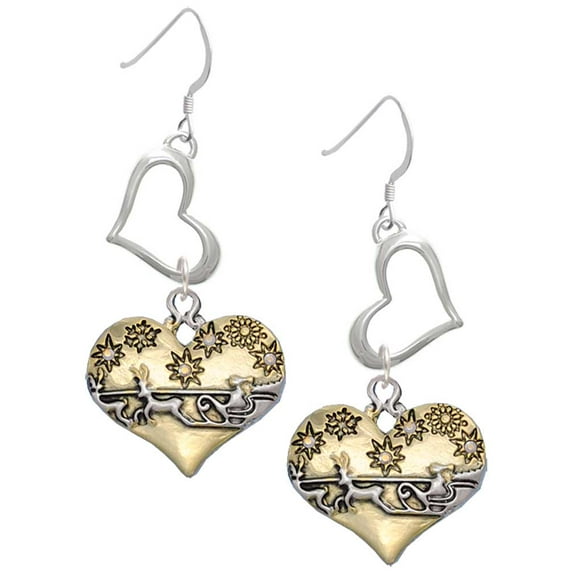 Delight Jewelry Two-tone Large Flying Santa on Heart Open Heart French Earrings