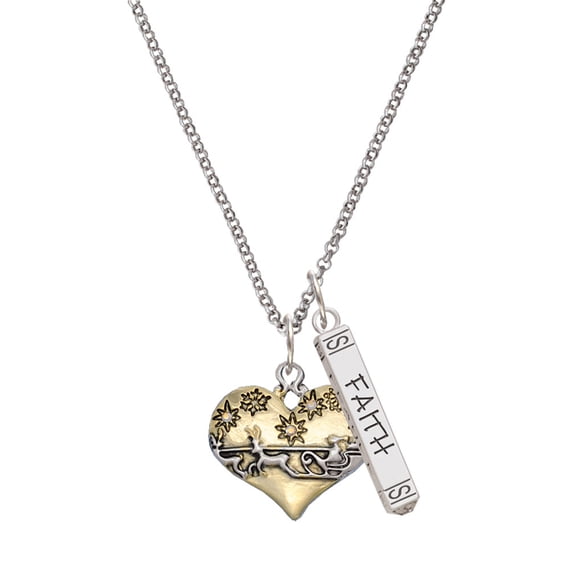Delight Jewelry Two-tone Large Flying Santa on Heart Silvertone Believe Faith Prayer Hope Bar Charm Necklace, 23"