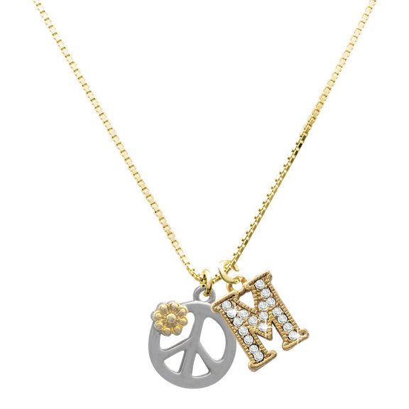 Delight Jewelry Two-tone Large Peace Sign with Daisy and Crystal - Large Goldtone Crystal Initial - M - Charm Necklace, 17.5"+2"