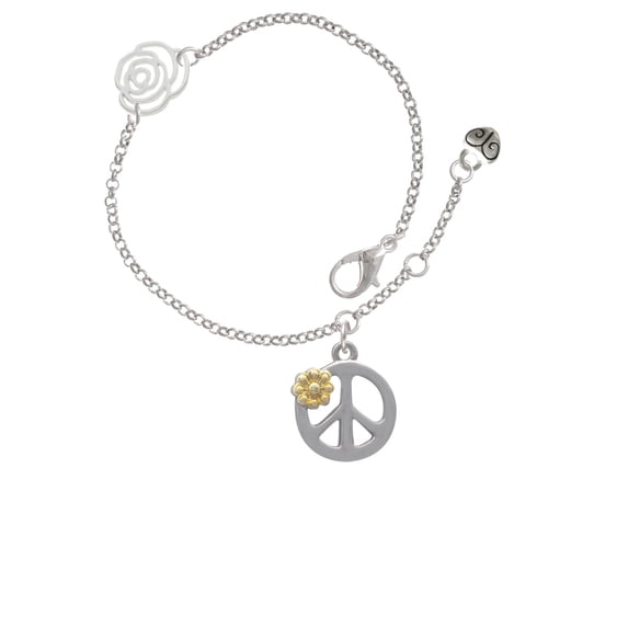 Delight Jewelry Two-tone Large Peace Sign with Daisy and Crystal Silver-tone Rose Link Chain Bracelet, 6.25"+1.75" Extender