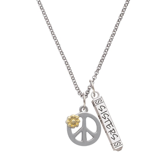 Delight Jewelry Two-tone Large Peace Sign with Daisy and Crystal Silvertone Sisters Best Friends Forever Bar Charm Necklace, 23"
