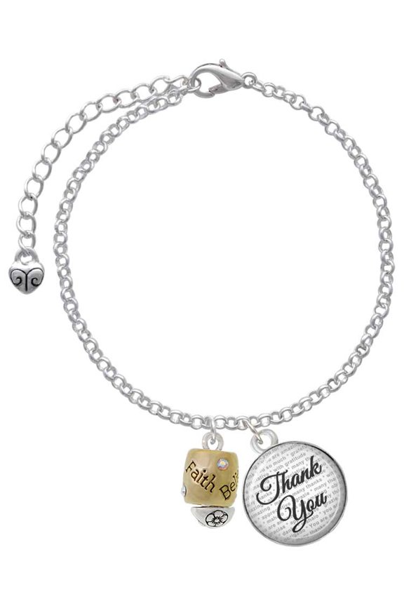 Two-tone Love Hope Faith Believe Spinner - Domed Thank You Charm Bracelet, 6"+2"