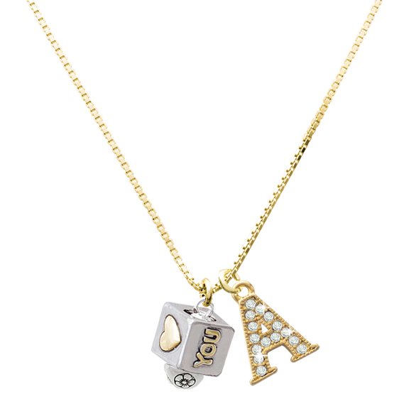 Delight Jewelry Two-tone Love You Square Spinner - Large Goldtone Crystal Initial - A - Charm Necklace, 17.5"+2"