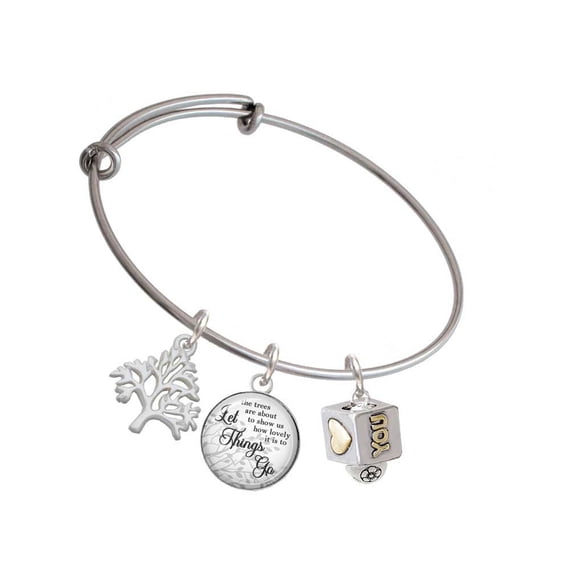 Delight Jewelry Two-tone Love You Square Spinner Silvertone Let Things Go Tree Charm Bangle Bracelet