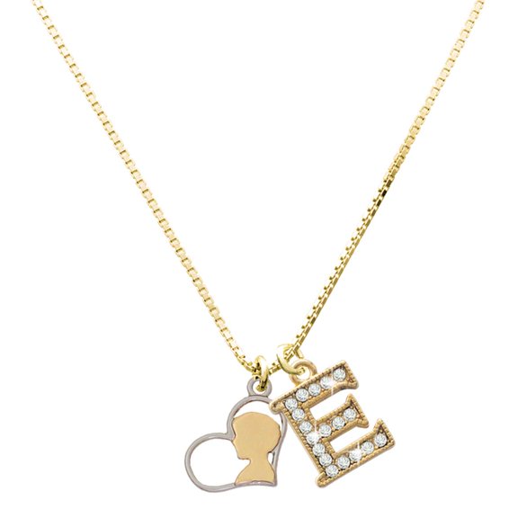 Delight Jewelry Two-tone Male Silhouette in Heart - Large Goldtone Crystal Initial - E - Charm Necklace, 17.5"+2"