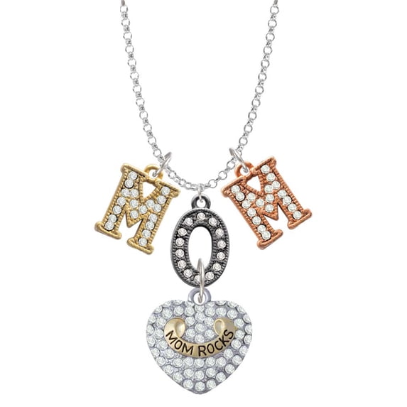 Delight Jewelry Two-tone 'Mom Rocks' on Clear Crystal Heart Multi-Colored Crystal Mom Charm Necklace