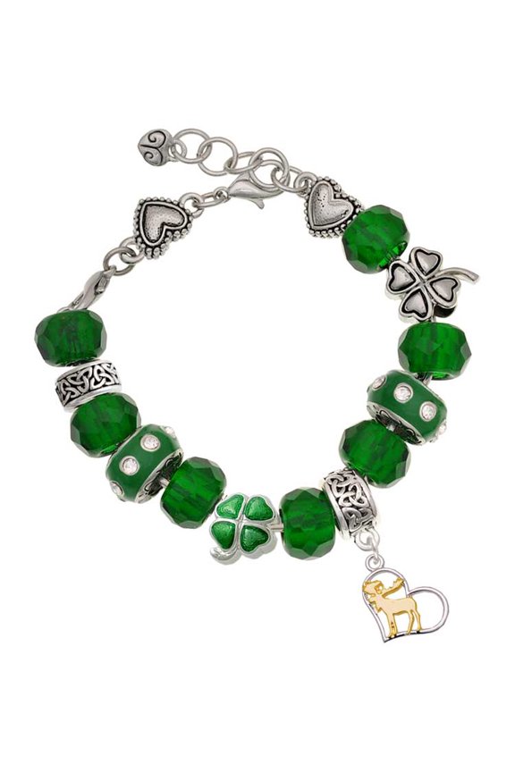 Two-tone Moose in Heart - Green Irish Luck Bead Charm Bracelet, 7.5"