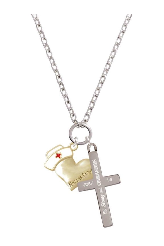 Two-tone Nurse's Prayer Heart - Healing Hand Be Strong and Courageous Engraved Cross Zoey Necklace, 28"