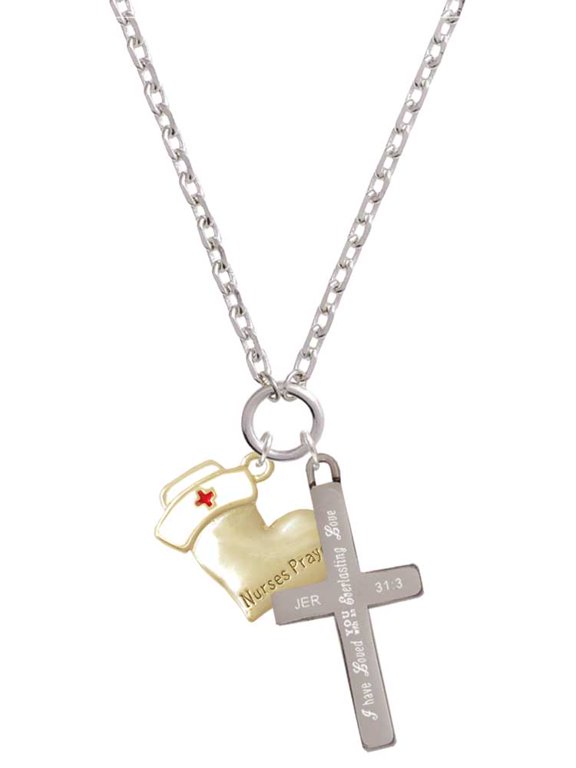 Two-tone Nurse's Prayer Heart - Healing Hand Everlasting Love Engraved Cross Zoey Necklace, 28"