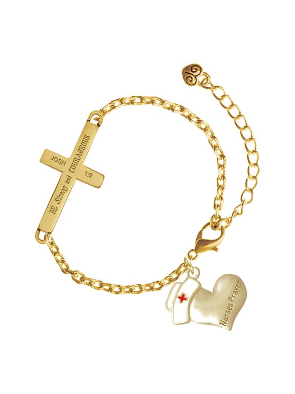 Two-tone Nurse's Prayer Heart - Healing Hand - Gold Tone Joshua 1:9 Strong and Courageous Engraved Cross Charm Bracelet, 6.5+1.5" Extender