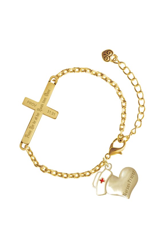 Two-tone Nurse's Prayer Heart - Healing Hand - Gold Tone Proverbs 31:31 Praise Her for all Her Hands have Done Engraved Cross Charm Bracelet, 6.5+1.5" Extender