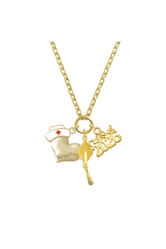 Two-tone Nurse's Prayer Heart Healing Hand Charm on Gold-tone Class of 2026 Graduation Zoey Necklace, 28"