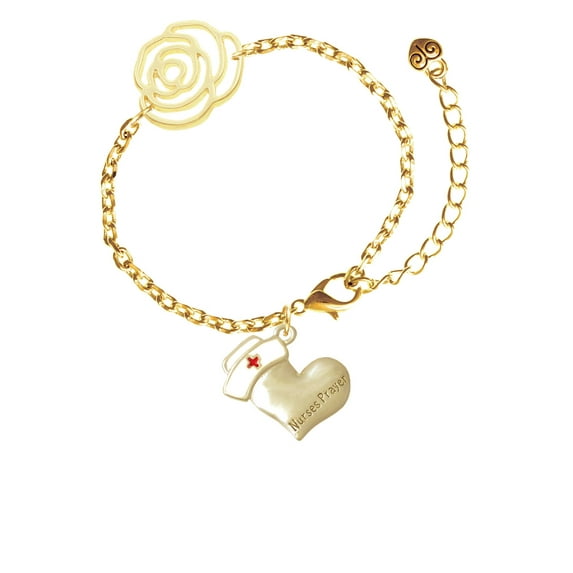 Delight Jewelry Two-tone Nurse's Prayer Heart - Healing Hand Gold-tone Flower Link Chain Bracelet, 6.75"+2" Extender