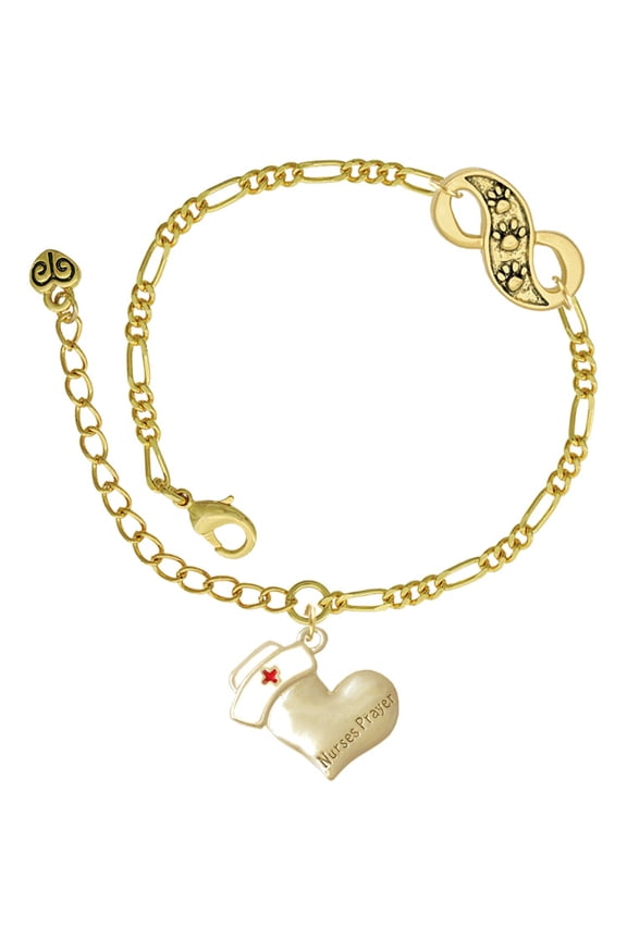 Two-tone Nurse's Prayer Heart - Healing Hand Gold-tone Paw Infinity Link Chain Bracelet, 6"+2" Extender