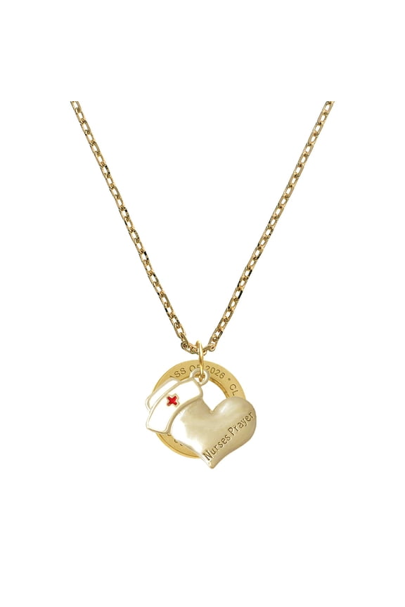 Two-tone Nurse's Prayer Heart - Healing Hand - Goldtone Class of 2026 Affirmation Ring Necklace, 23"