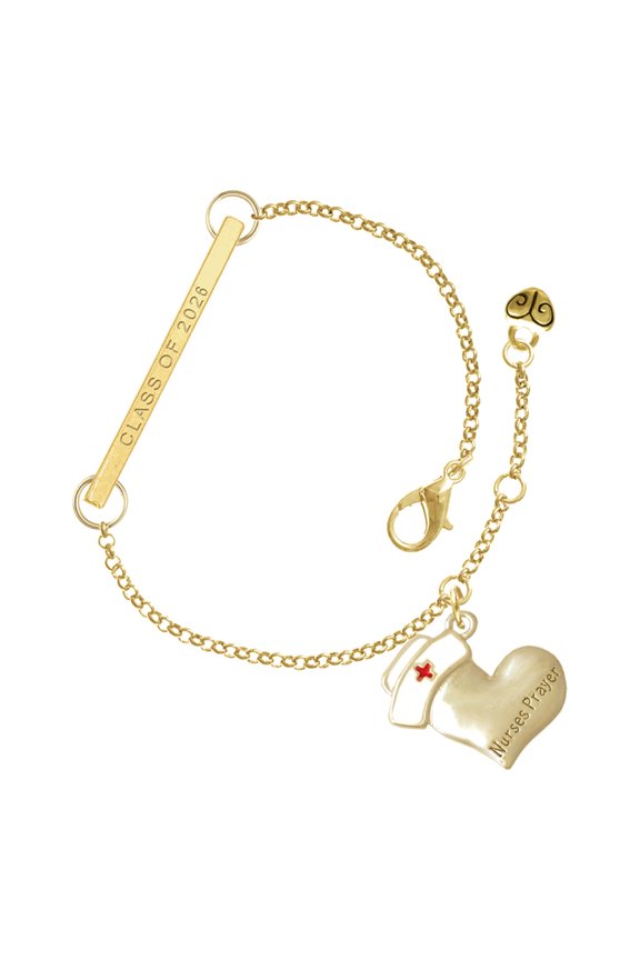 Two-tone Nurse's Prayer Heart - Healing Hand - Goldtone Class of 2026 Delicate Bar Bracelet, 8.5"