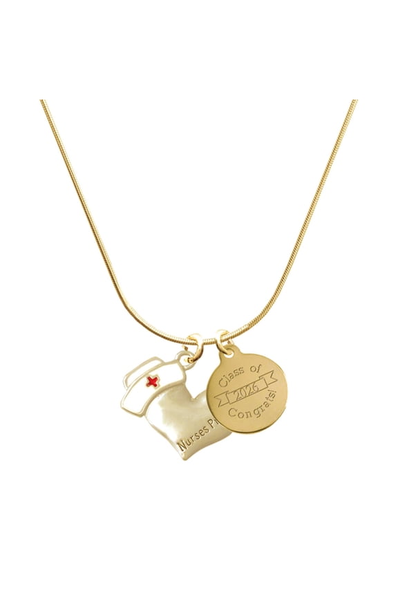 Two-tone Nurse's Prayer Heart - Healing Hand - Goldtone Engraved Congrats Class of 2026 Charm Necklace, 18"
