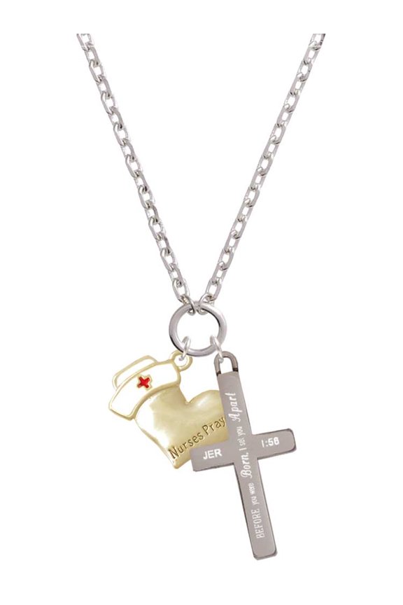 Two-tone Nurse's Prayer Heart - Healing Hand I Set You Apart Engraved Cross Zoey Necklace, 28"