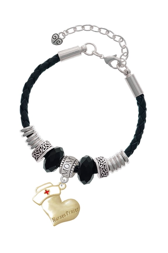 Two-tone Nurse's Prayer Heart - Healing Hand Mom Celtic Knot Leather Bead Bracelet, 7"+2" Extender
