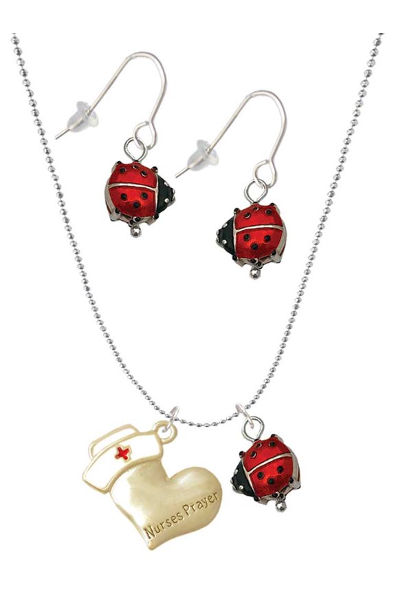Two-tone Nurse's Prayer Heart - Healing Hand Red Lucky Ladybug Necklace and Dangle Earrings Set