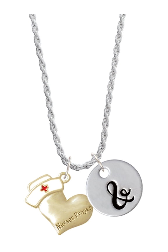 Two-tone Nurse's Prayer Heart - Healing Hand Silvertone Script Initial Disc - & - Charm Necklace, 20"+3"