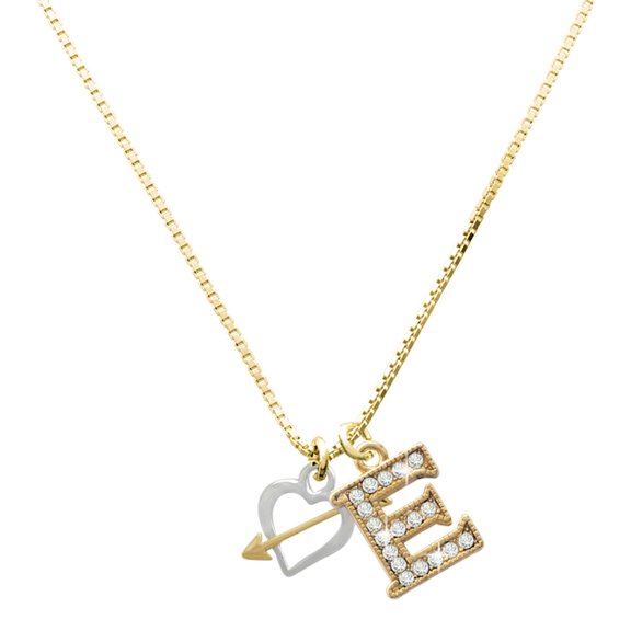 Delight Jewelry Two-tone Open Cupid's Heart with Large Goldtone Crystal Initial E Charm Necklace, 17.5"+2"