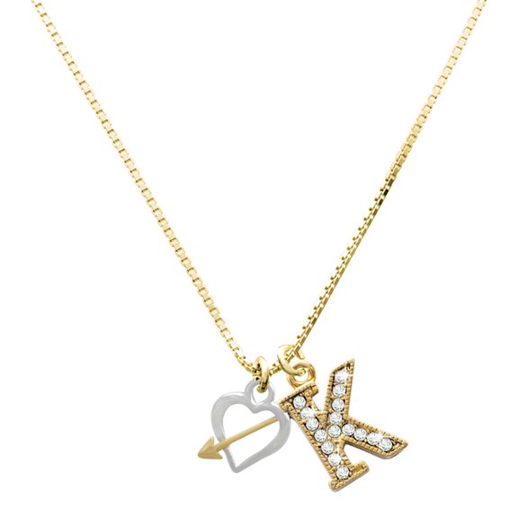 Delight Jewelry Two-tone Open Cupid's Heart Charm and Goldtone Crystal Initial K Charm Necklace, 17.5"+2"