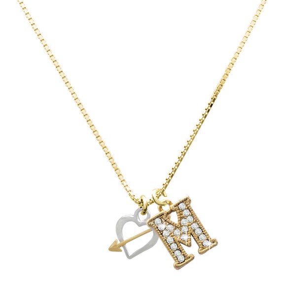 Delight Jewelry Two-tone Open Cupid's Heart - Large Goldtone Crystal Initial - M - Charm Necklace, 17.5"+2"