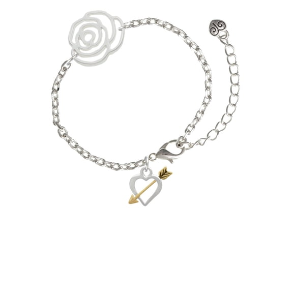 Delight Jewelry Two-tone Open Cupid's Heart Silver-tone Flower Link Chain Bracelet, 6.75"+2" Extender
