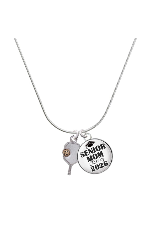Two-tone Pickleball Paddle - Silvertone Senior Mom Class of 2026 Dome Necklace, 18"