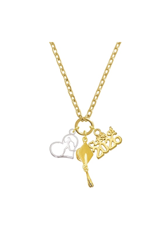 Two-tone Runner Silhouette in Heart - Gold-tone Class of 2026 Graduation Zoey Charm Necklace, 28"