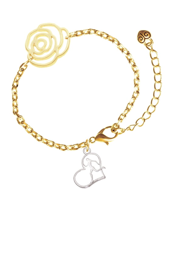 Two-tone Runner Silhouette in Heart Gold-tone Flower Link Chain Bracelet, 6.75"+2" Extender