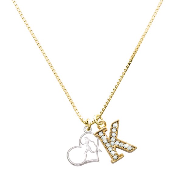 Delight Jewelry Two-tone Runner Silhouette in Heart Charm and Goldtone Crystal Initial K Charm Necklace, 17.5"+2"
