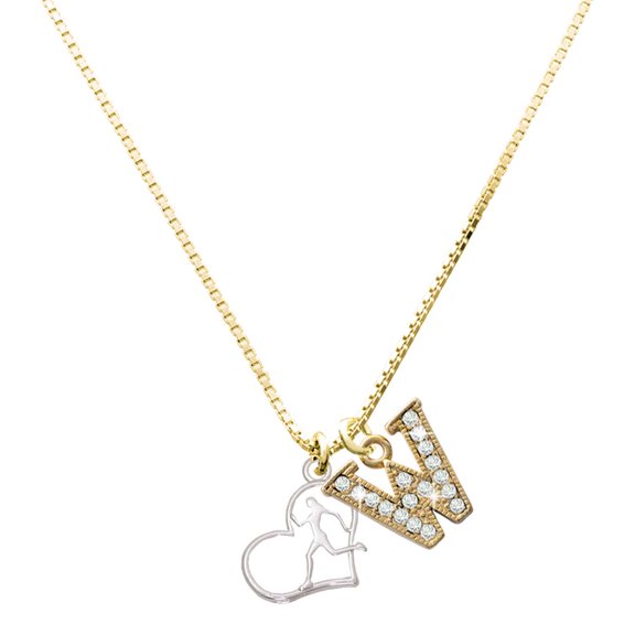 Delight Jewelry Two-tone Runner Silhouette in Heart - Large Goldtone Crystal Initial - W - Charm Necklace, 17.5"+2"