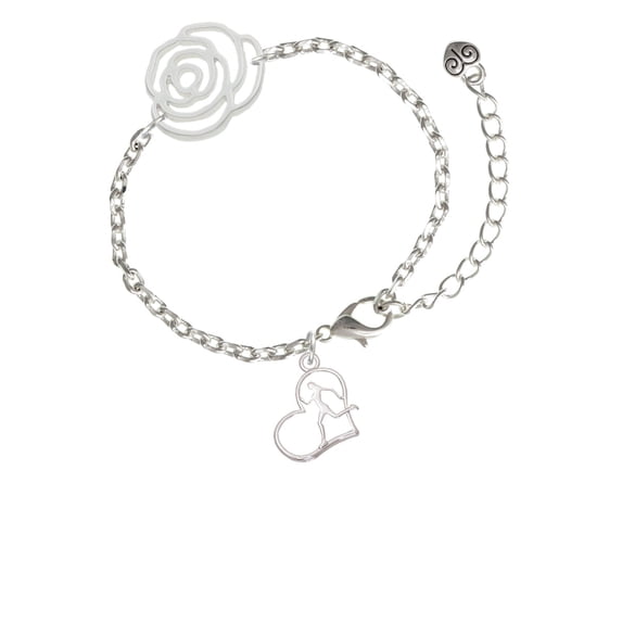 Delight Jewelry Two-tone Runner Silhouette in Heart Silver-tone Flower Link Chain Bracelet, 6.75"+2" Extender
