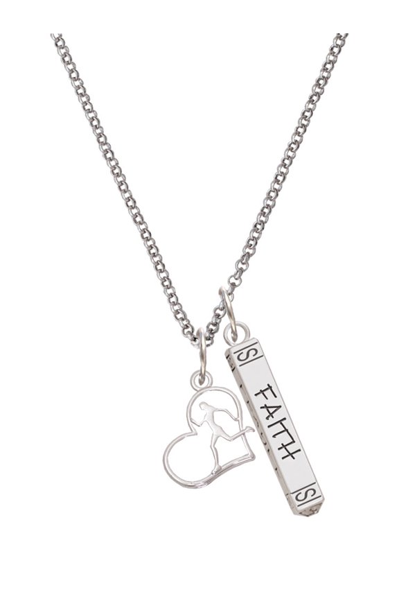 Two-tone Runner Silhouette in Heart Silvertone Believe Faith Prayer Hope Bar Charm Necklace, 23"