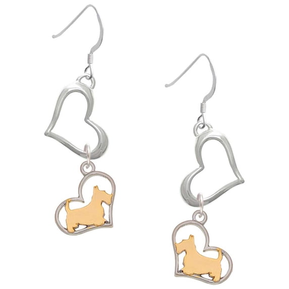 Delight Jewelry Two-tone Scottie Dog Silhouette Heart Open Heart French Earrings