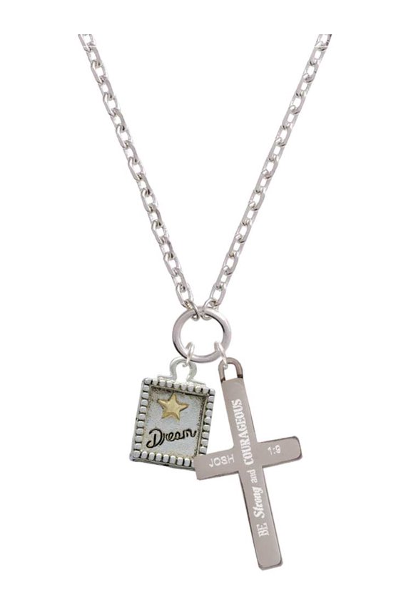 Two-tone Shadow Box ''Dream'' with Star Be Strong and Courageous Engraved Cross Zoey Necklace, 28"