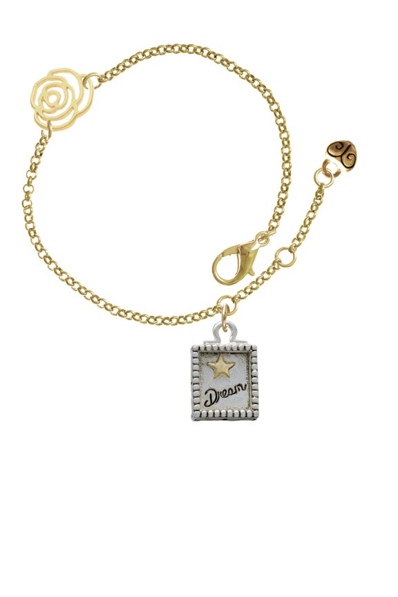 Two-tone Shadow Box ''Dream'' with Star Gold-tone Rose Link Chain Bracelet, 6.25"+1.75" Extender