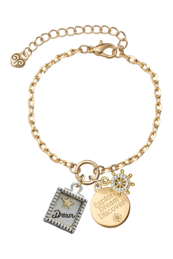 Two-tone Shadow Box ''Dream'' with Star Goldtone Discover Dream Explore Zoey Charm Bracelet, 6.5+2" Extender