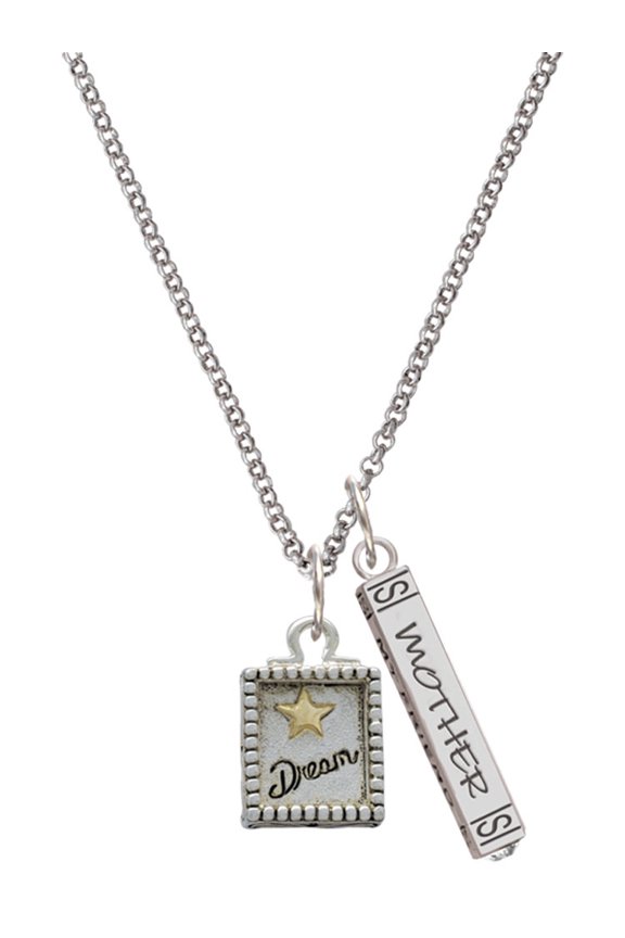 Two-tone Shadow Box ''Dream'' with Star Silvertone Mother Daughter Bar Charm Necklace, 23"
