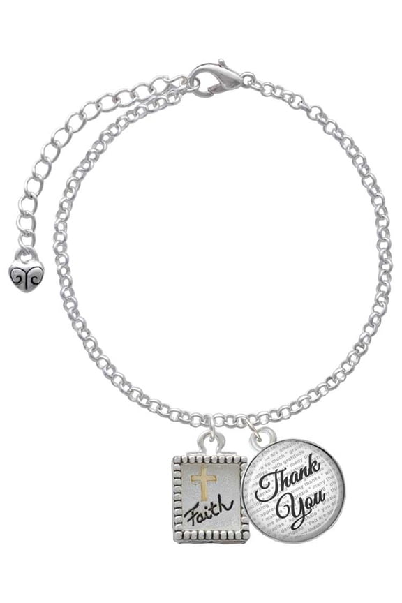 Two-tone Shadow Box ''Faith'' with Cross - Domed Thank You Charm Bracelet, 6"+2"