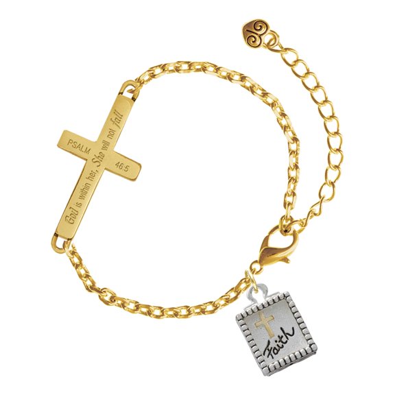 Delight Jewelry Two-tone Shadow Box ''Faith'' with Cross - Gold Tone Psalm 46:5 She will not fall Engraved Cross Charm Bracelet, 6.5+1.5" Extender