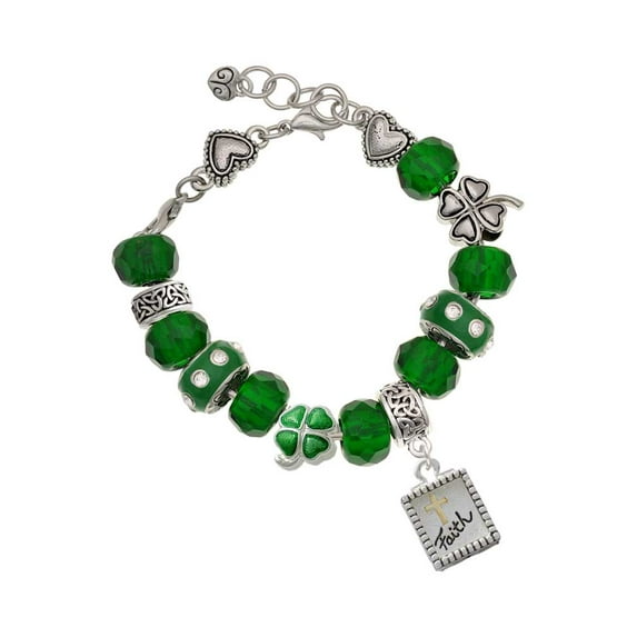 Delight Jewelry Two-tone Shadow Box ''Faith'' with Cross - Green Irish Luck Bead Charm Bracelet, 7.5"