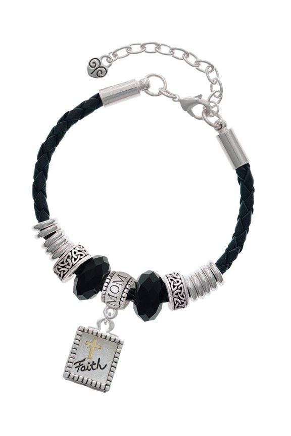 Two-tone Shadow Box ''Faith'' with Cross Mom Celtic Knot Leather Bead Bracelet, 7"+2" Extender