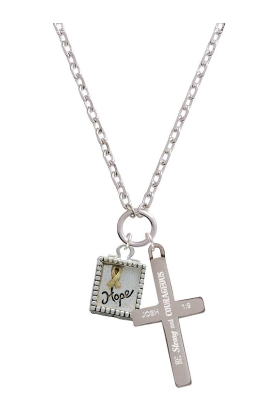 Two-tone Shadow Box ''Hope'' with Ribbon Be Strong and Courageous Engraved Cross Zoey Necklace, 28"